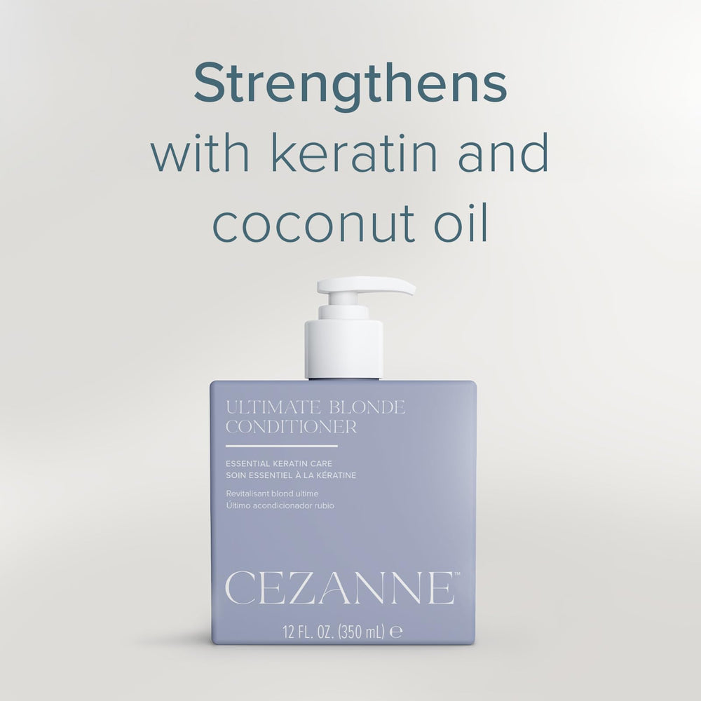 Cezanne Ultimate Blonde Conditioner packaging highlighting cruelty-free and keratin care features.