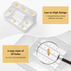 CGBE nail drill holder top view shows seven-compartment organization for tools and accessories.