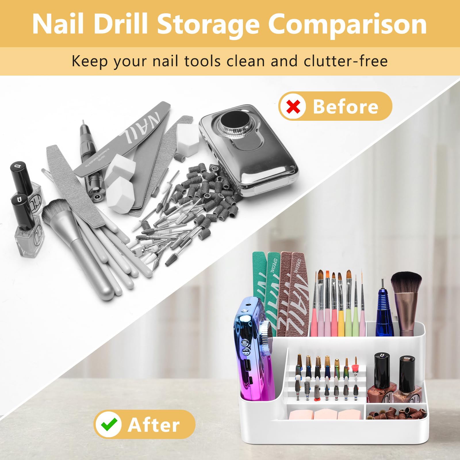 CGBE holder bottom compartments neatly store small items like cotton pads and bands.