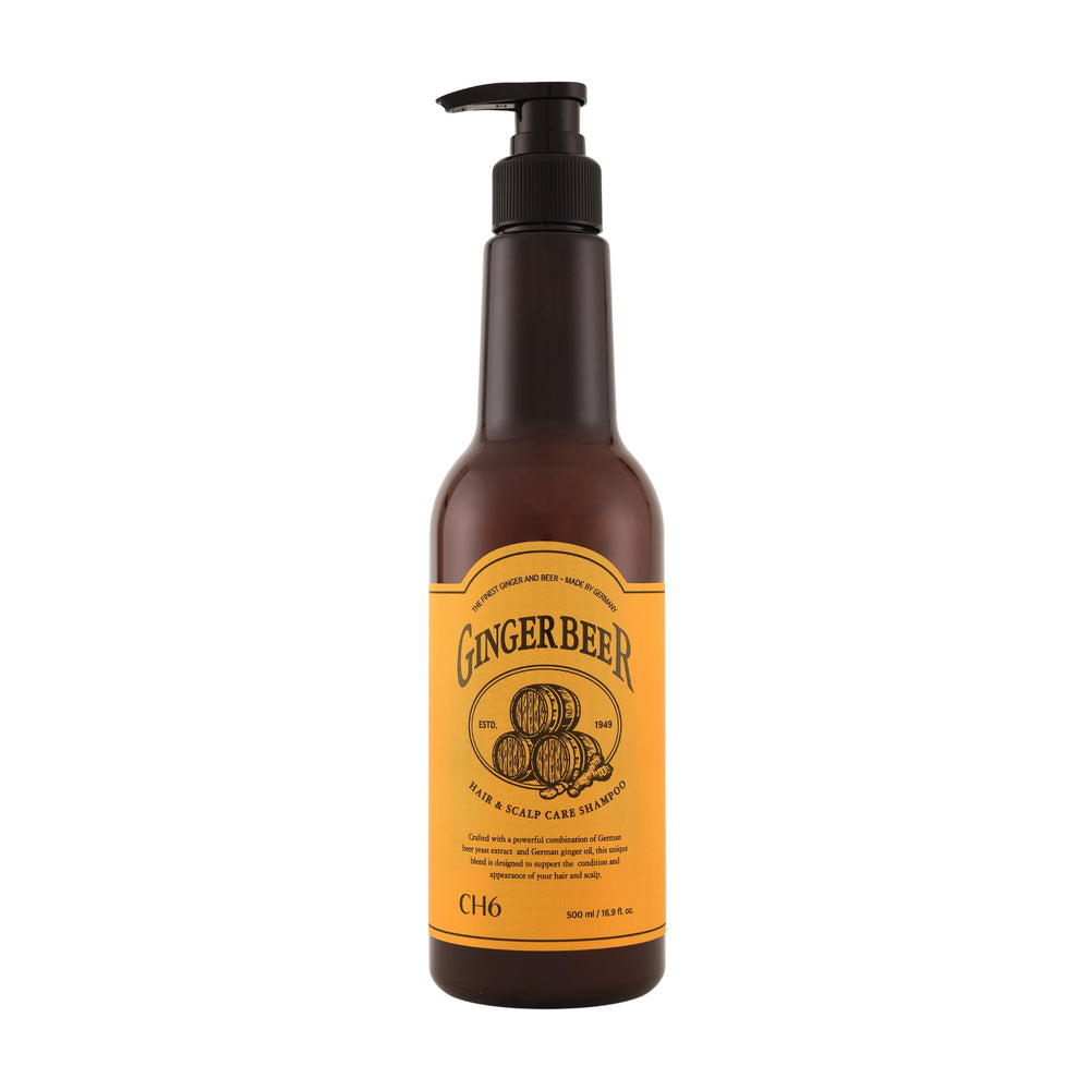 CH6 Ginger Beer Shampoo bottle highlighting premium scalp care and nourishment