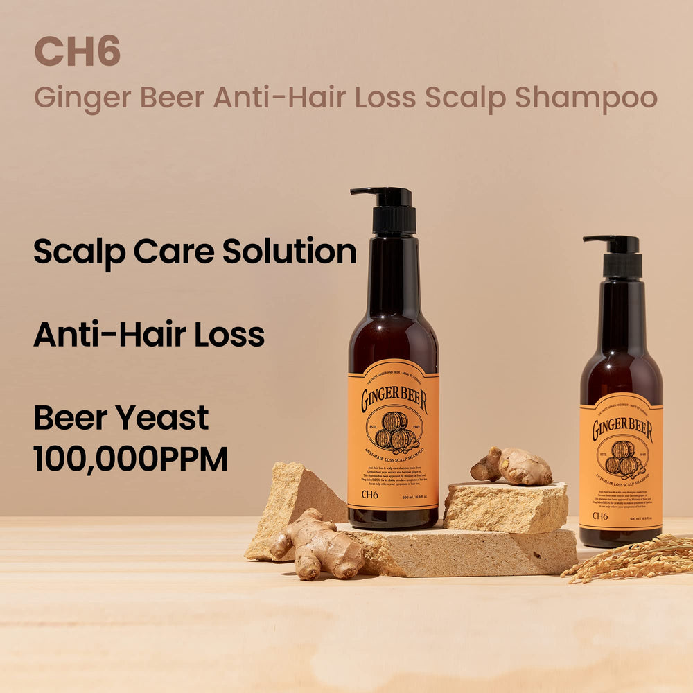 CH6 Ginger Beer Shampoo label shows key ingredients for hair vitality
