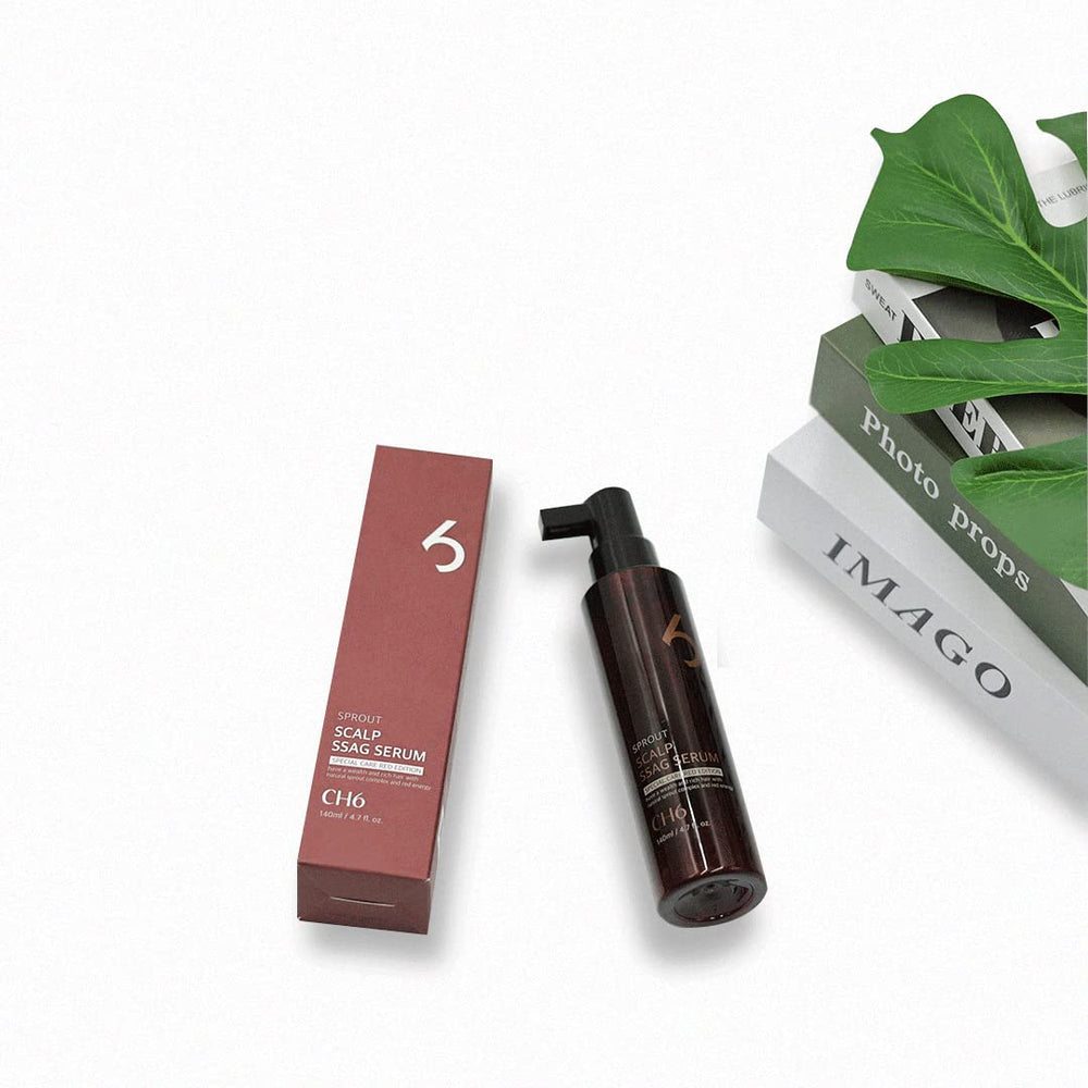 CH6 Scalp Ssag Serum Red Edition packaging on vanity with sleek design