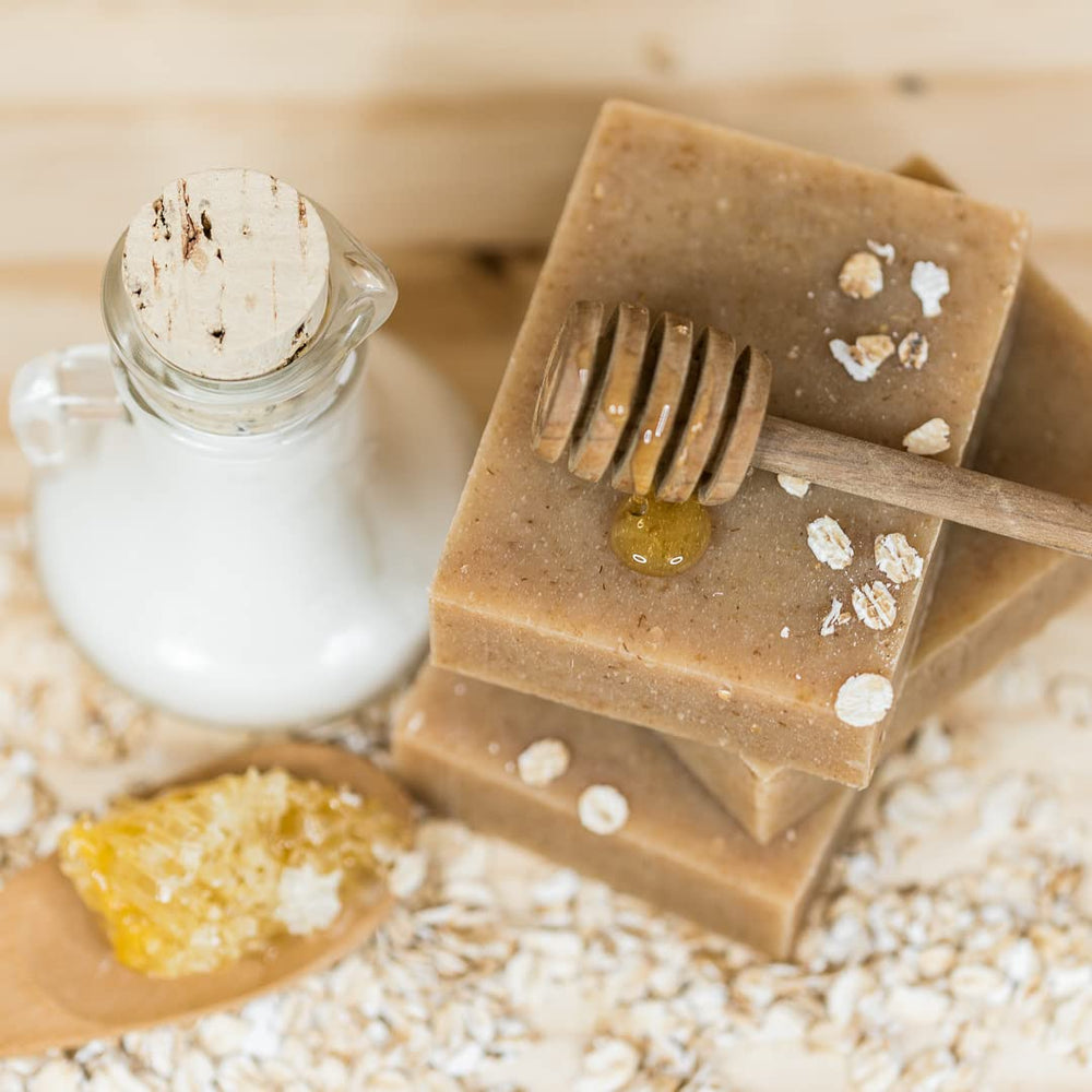Chagrin Valley Goat Milk Soap Oatmeal Honey close-up shows creamy texture for soothing cleansing.