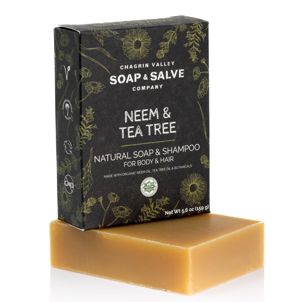 Chagrin Valley Neem & Tea Tree bar packaging highlights sustainable materials and brand identity.