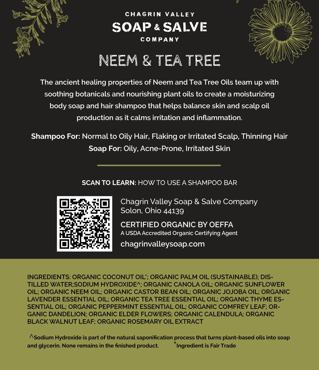 Chagrin Valley Neem & Tea Tree bar vegan and eco-friendly label.