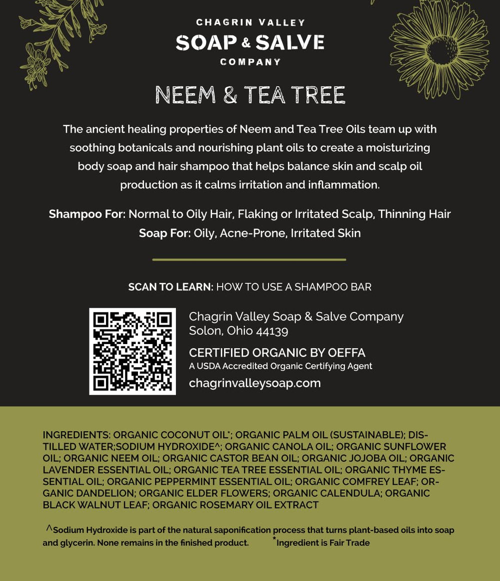 Chagrin Valley Neem & Tea Tree bar vegan and eco-friendly label.