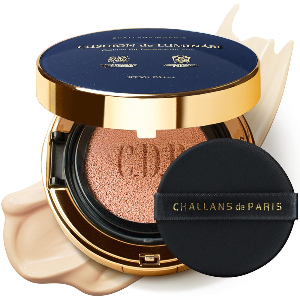 CHALLANS DE LUMINÁRE Cushion Foundation bottle close-up in 21 Bright Ivory showing shade and packaging