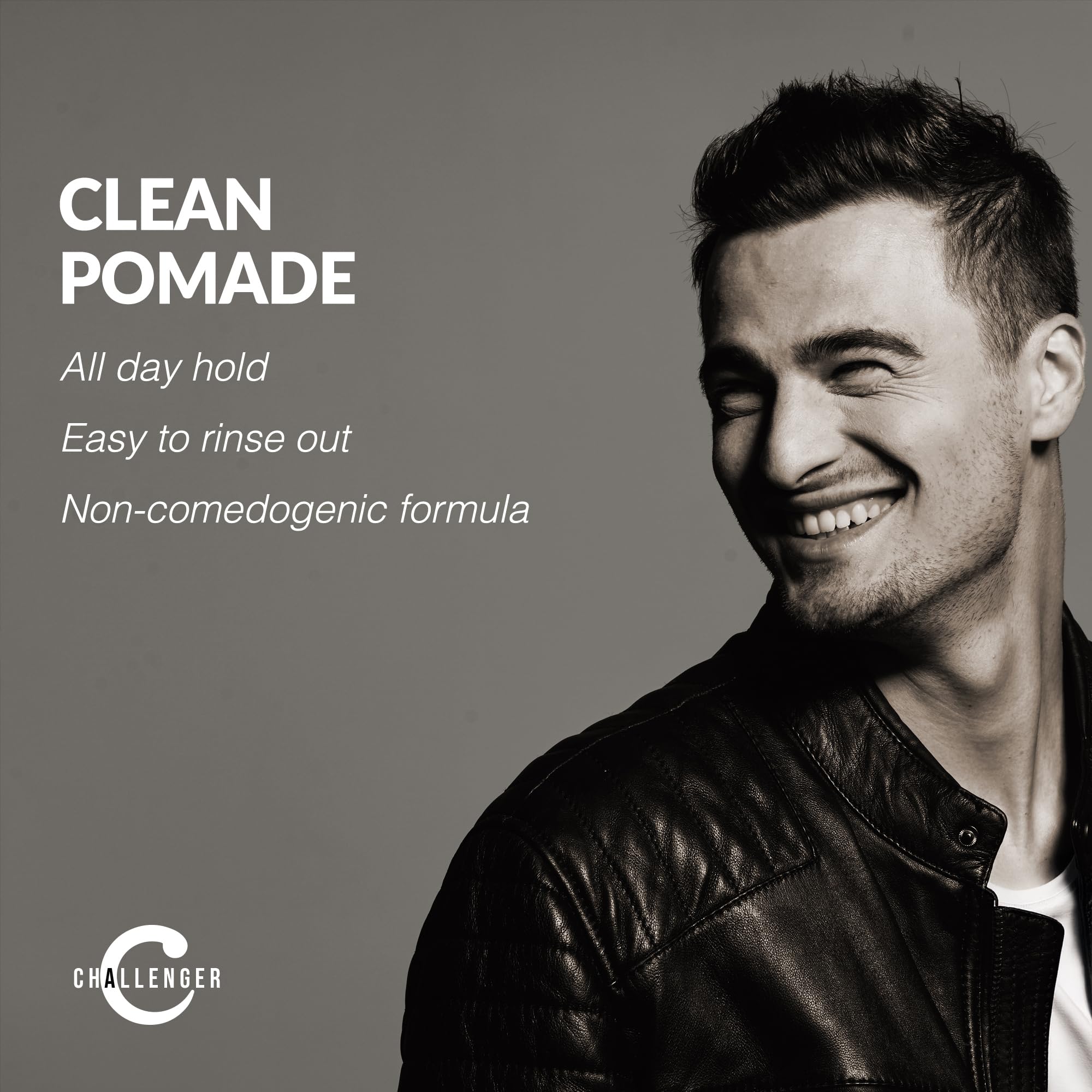 Challenger Clean fragrance-free pomade jar highlighting non-comedogenic formula