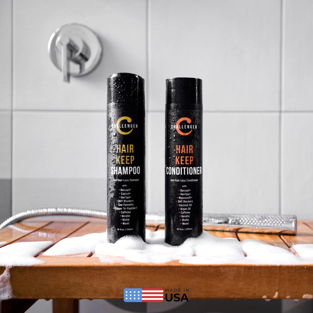 Challenger Hair Keep duo-pack back with usage notes and benefits