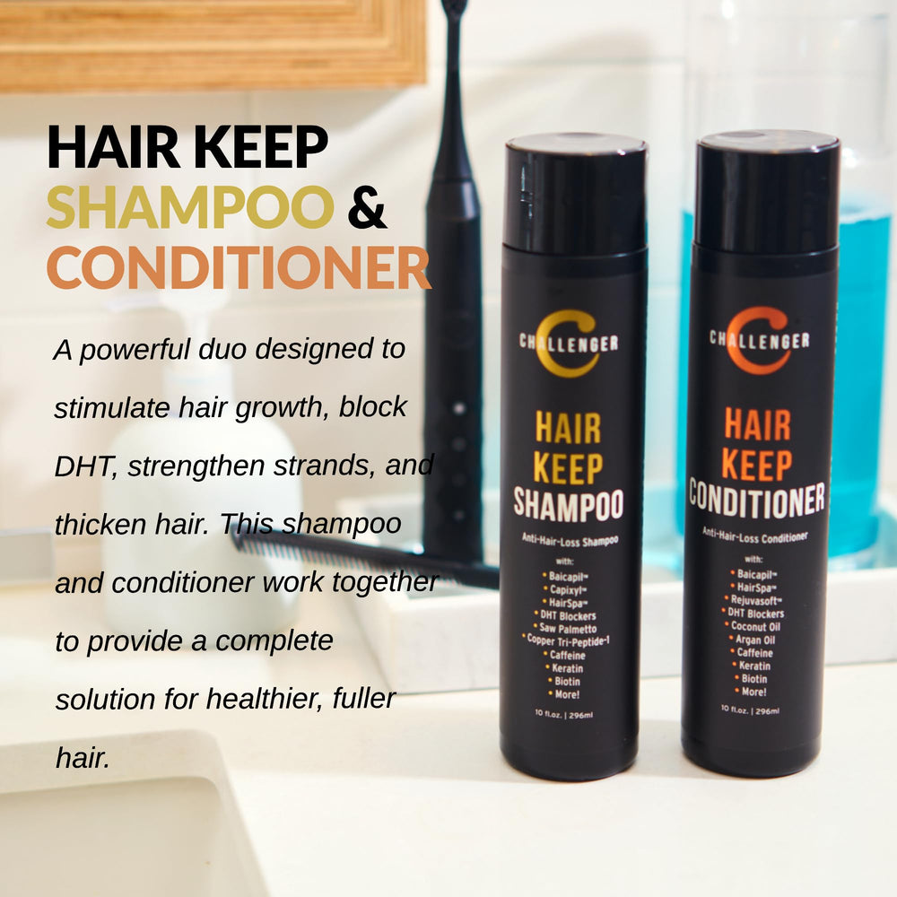 Challenger Hair Keep ingredients label featuring Baicapil and caffeine