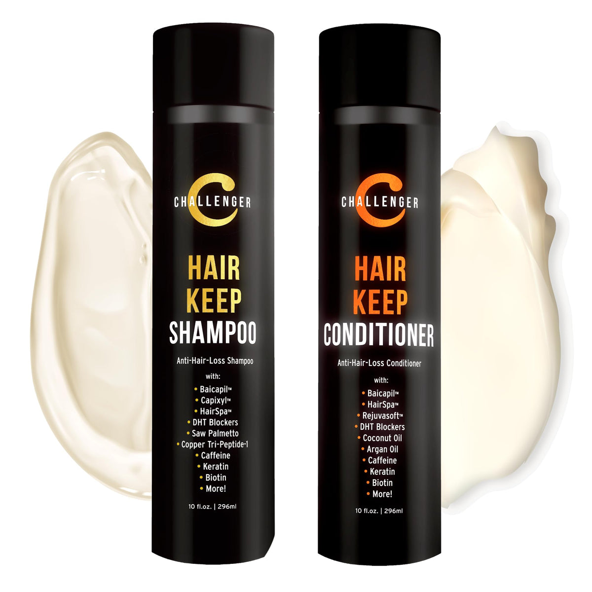 Challenger Hair Keep shampoo bottle highlighting active ingredients for scalp care