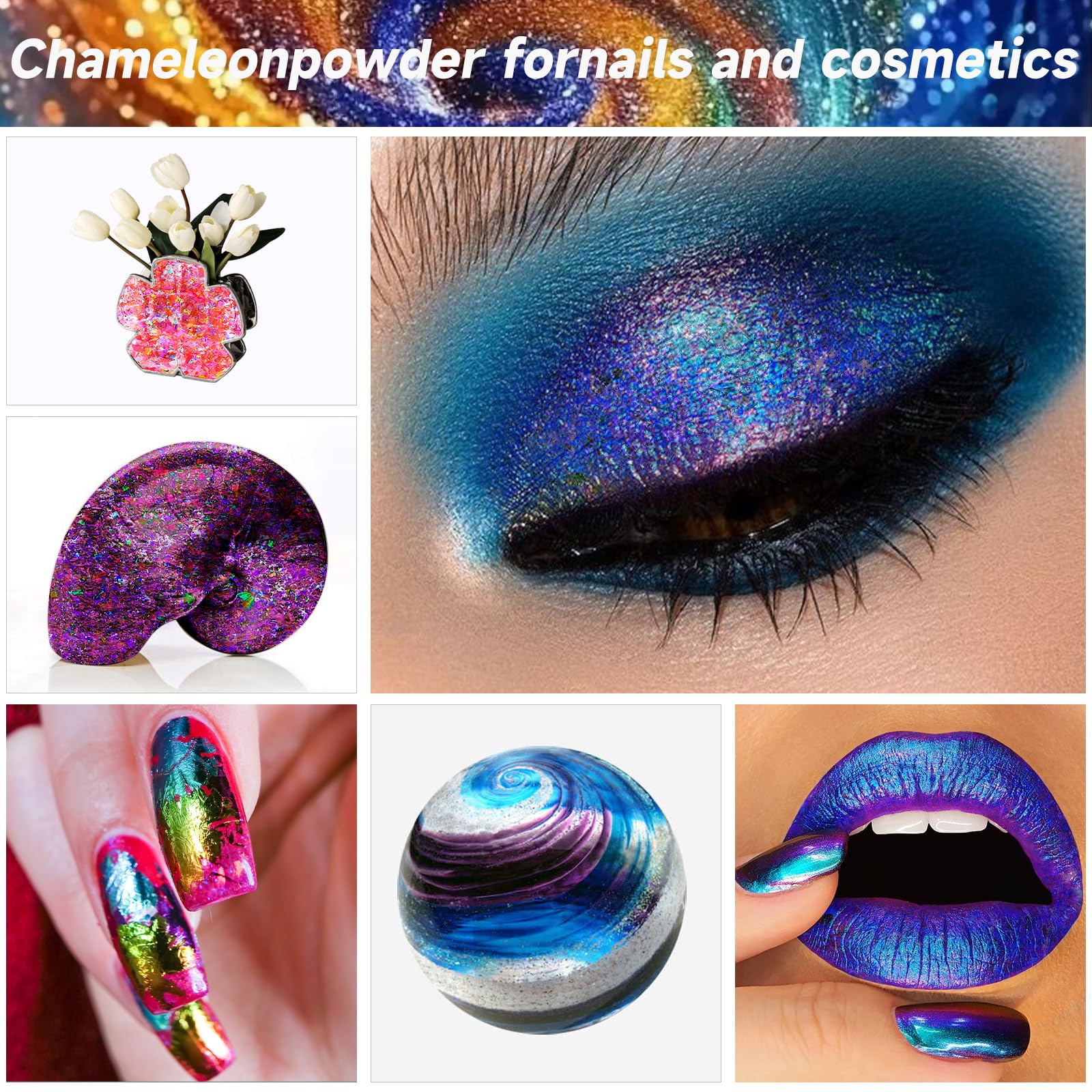Chameleon Chrome Nail Powder multi color flakes reflecting light from angles.