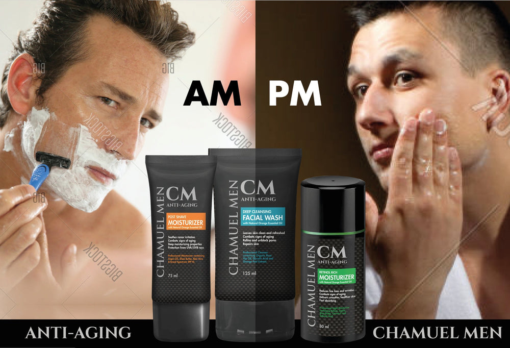CHAMUEL MEN vegan cruelty-free label signaling ethical skincare.