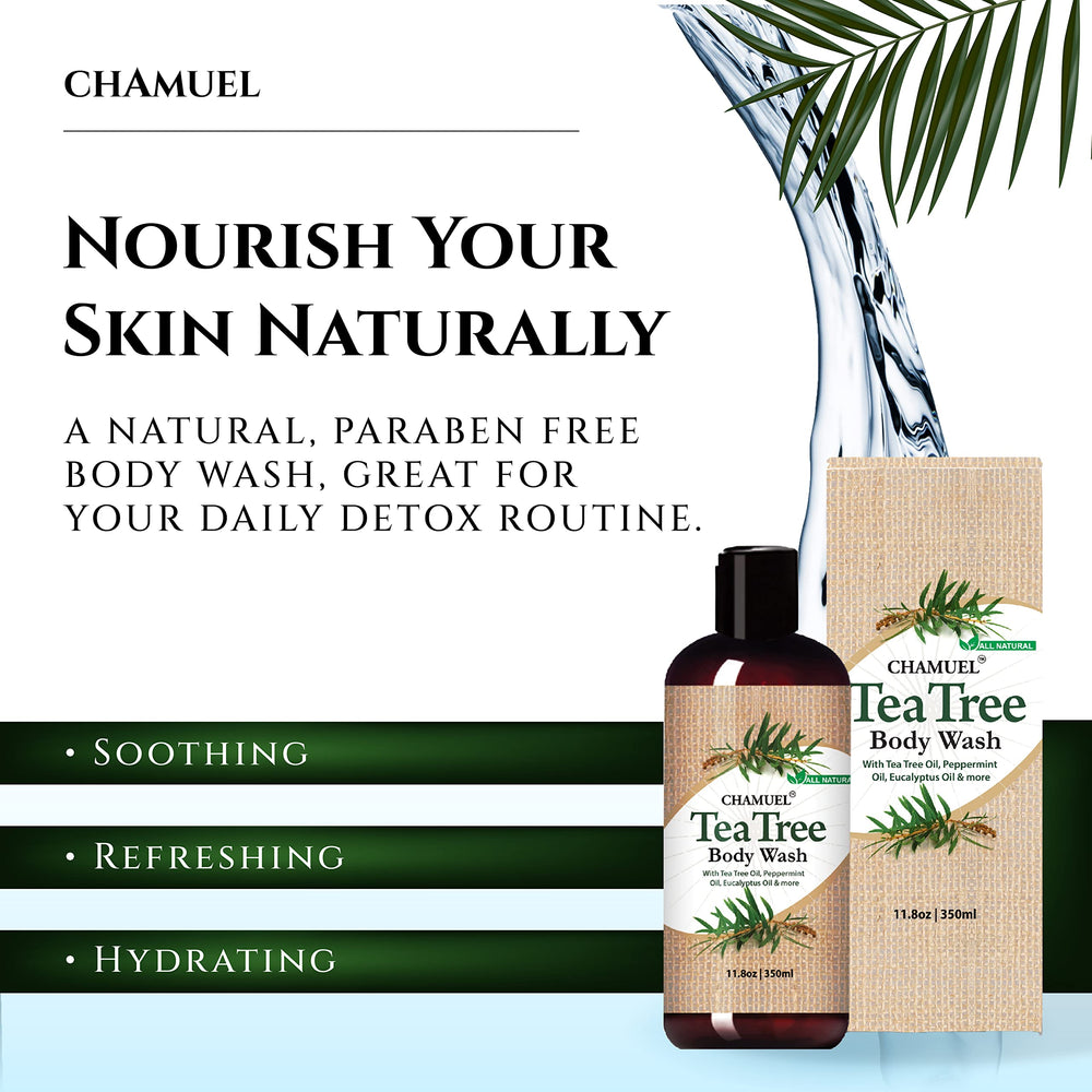 Chamuel Tea Tree Body Wash bottle on a bathroom shelf for daily use.