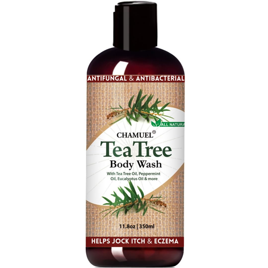 Chamuel Tea Tree Body Wash bottle pour showing a refreshing natural cleanse.