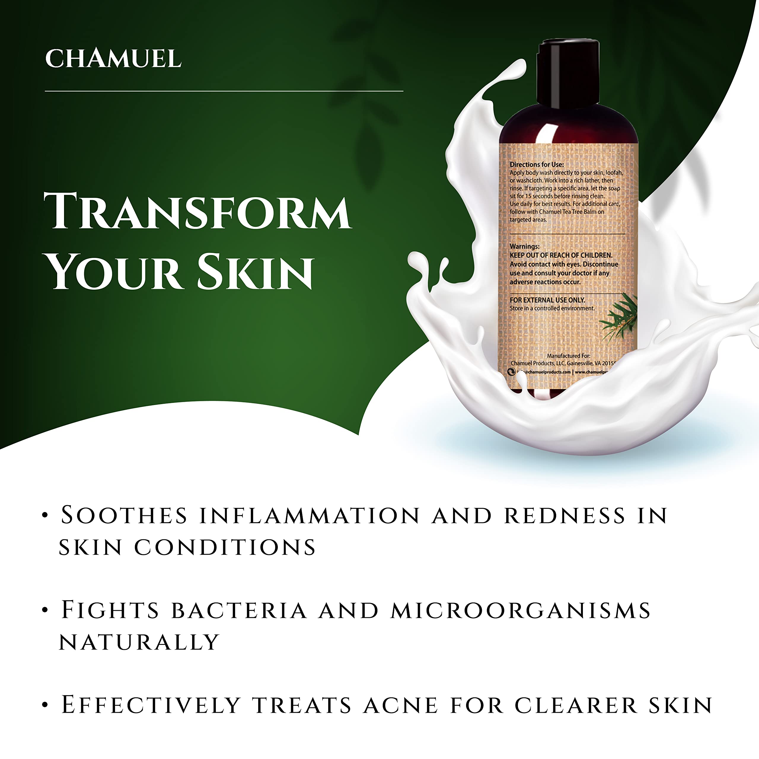 Chamuel Tea Tree Body Wash ingredients closeup highlighting Aloe Vera and Tea Tree Oils.