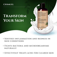 Chamuel Tea Tree Body Wash ingredients closeup highlighting Aloe Vera and Tea Tree Oils.