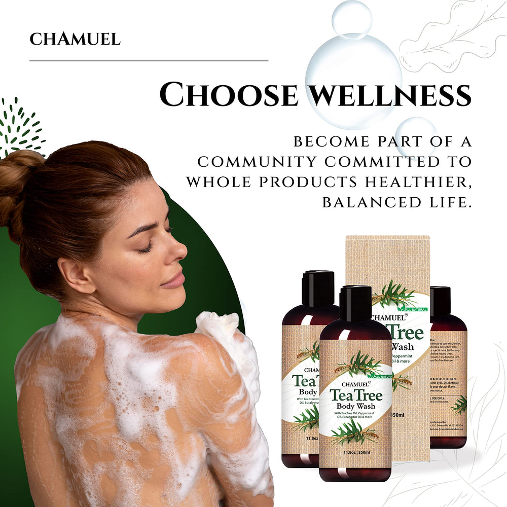 Chamuel Tea Tree Body Wash rinse illustrates a calming, refreshing finish.