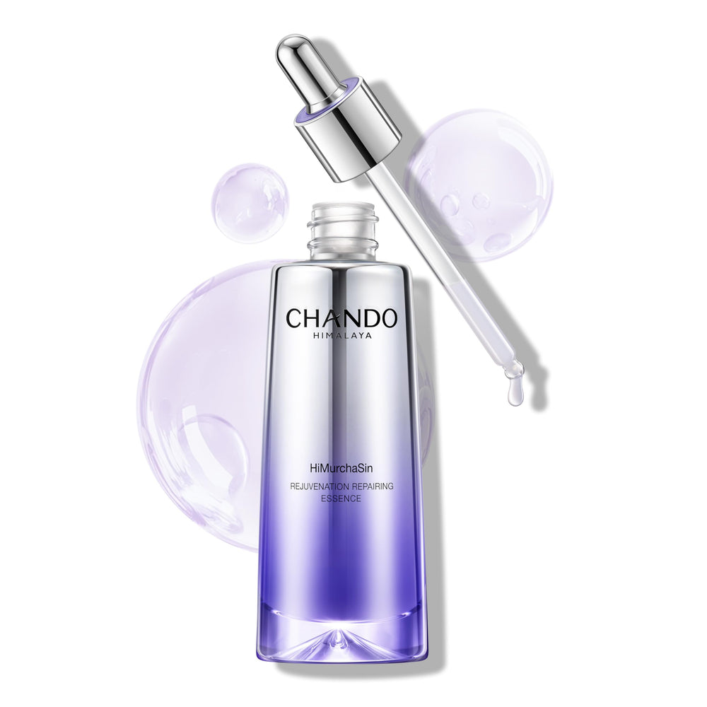 CHANDO HIMALAYA Advanced Repair Serum bottle close-up highlighting anti-aging benefits.