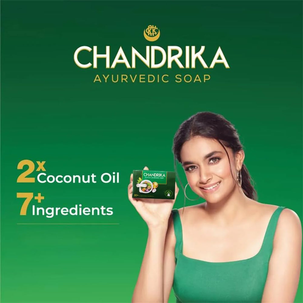 Chandrika ingredients scene featuring coconut oil, sandalwood, patchouli for aroma and cleansing