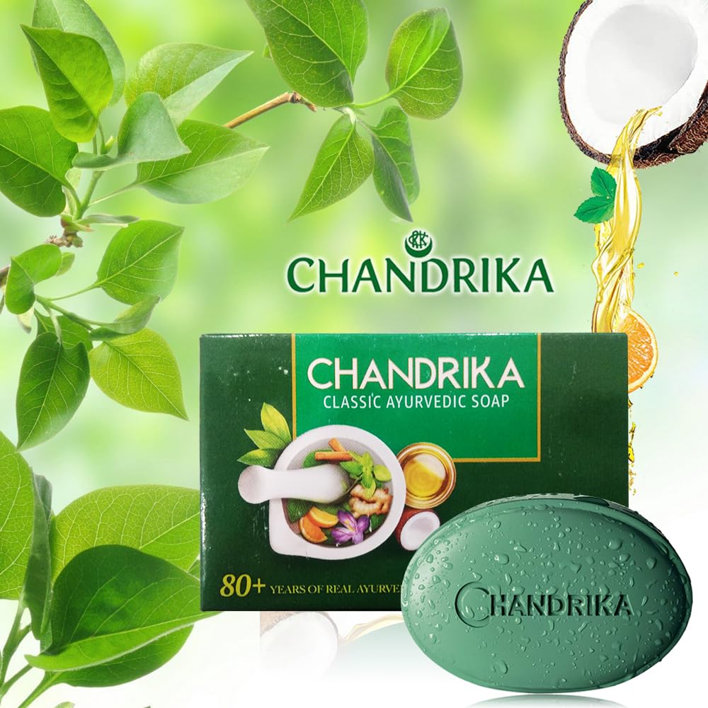 Chandrika soap packaging on warm wood emphasizing natural ingredients