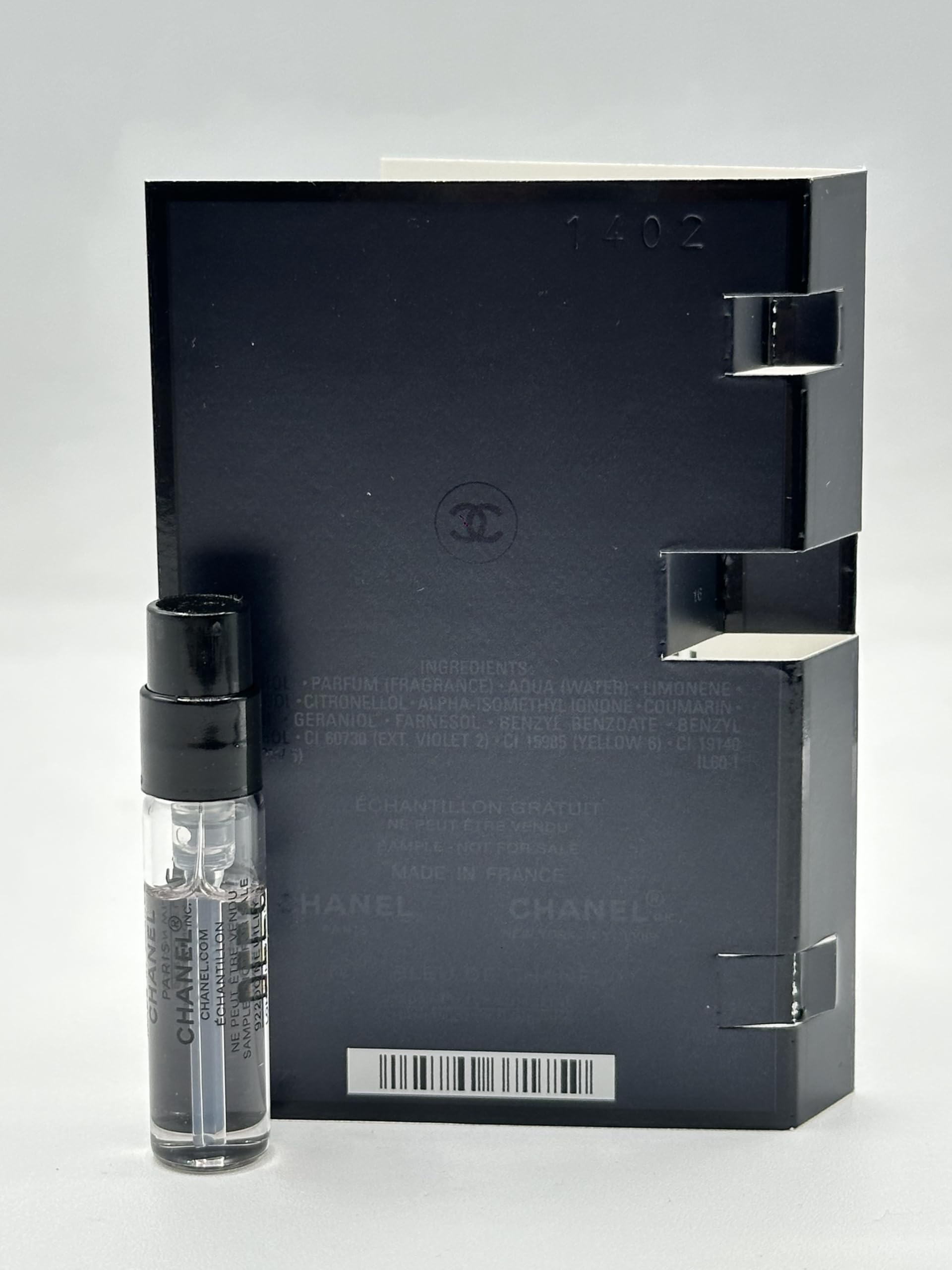 CHANEL Bleu de Chanel sample label, clearly marked for testing.