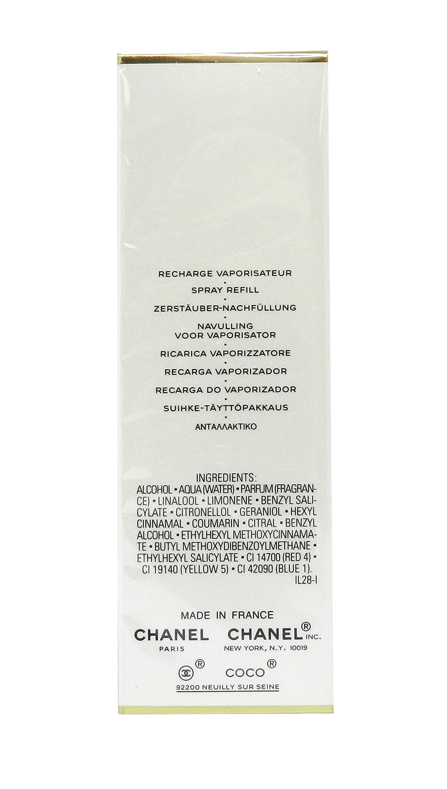 Chanel Coco Mademoiselle EDT bottle back label, refined packaging and long-lasting scent