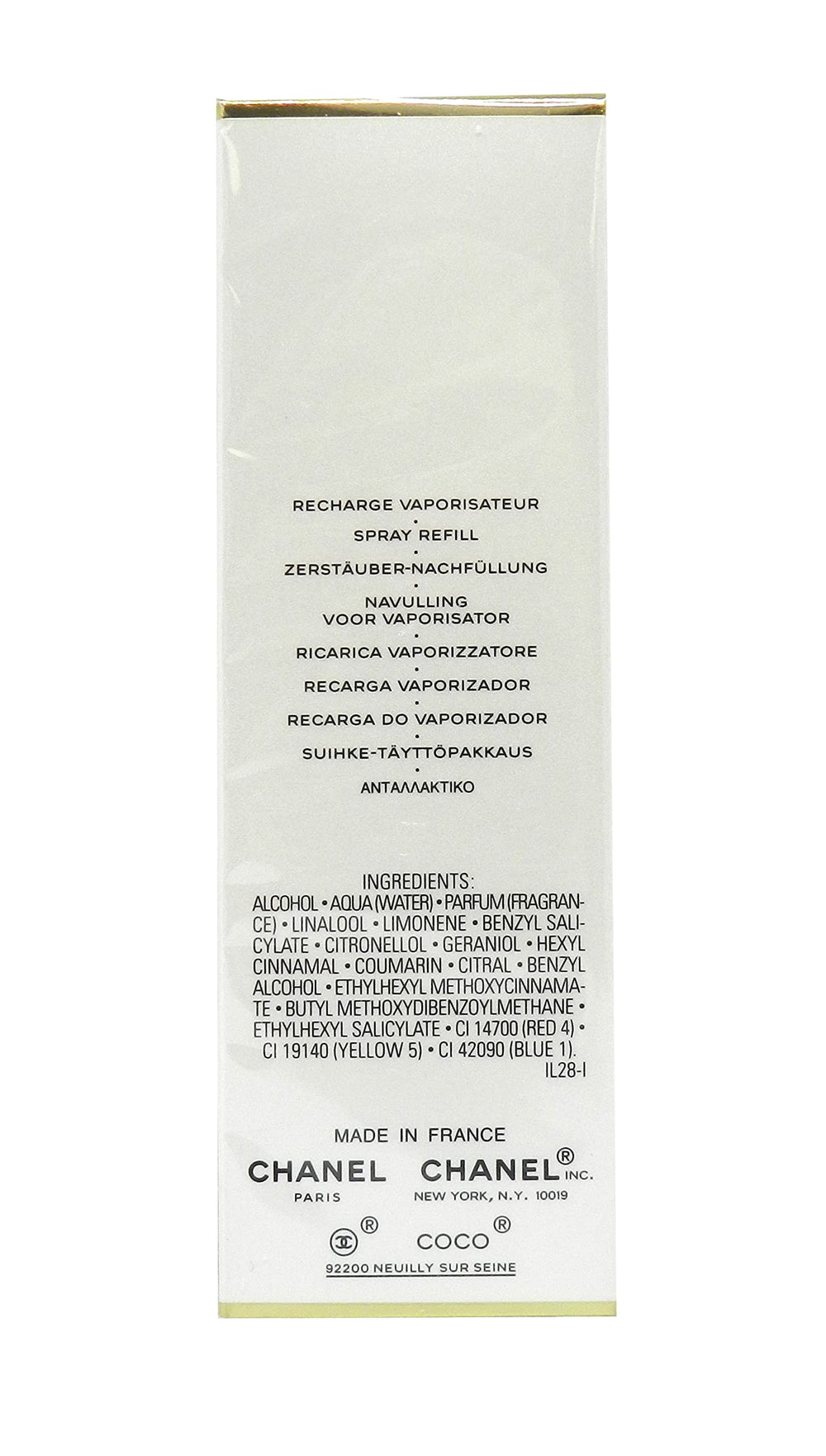 Chanel Coco Mademoiselle EDT bottle back label, refined packaging and long-lasting scent