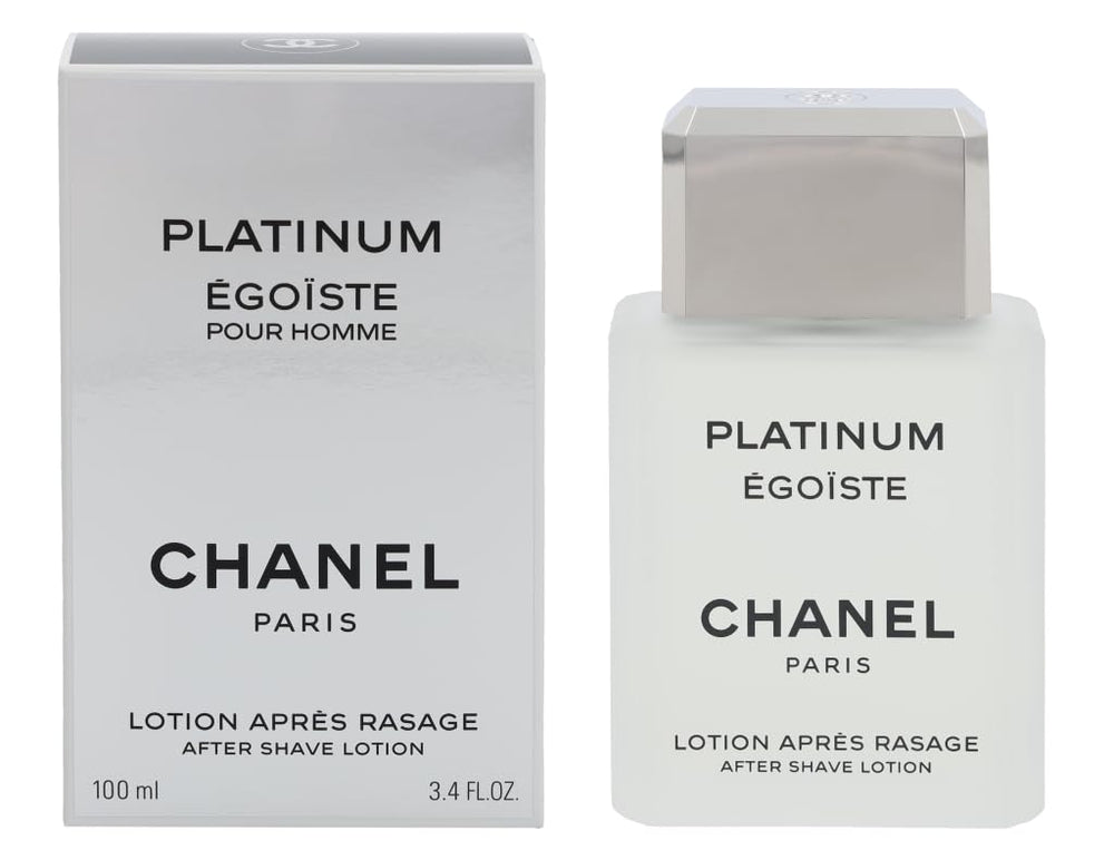 Chanel Egoiste Platinum aftershave bottle on display, luxurious branding for a refined daily routine.