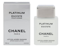 Chanel Egoiste Platinum aftershave bottle on display, luxurious branding for a refined daily routine.