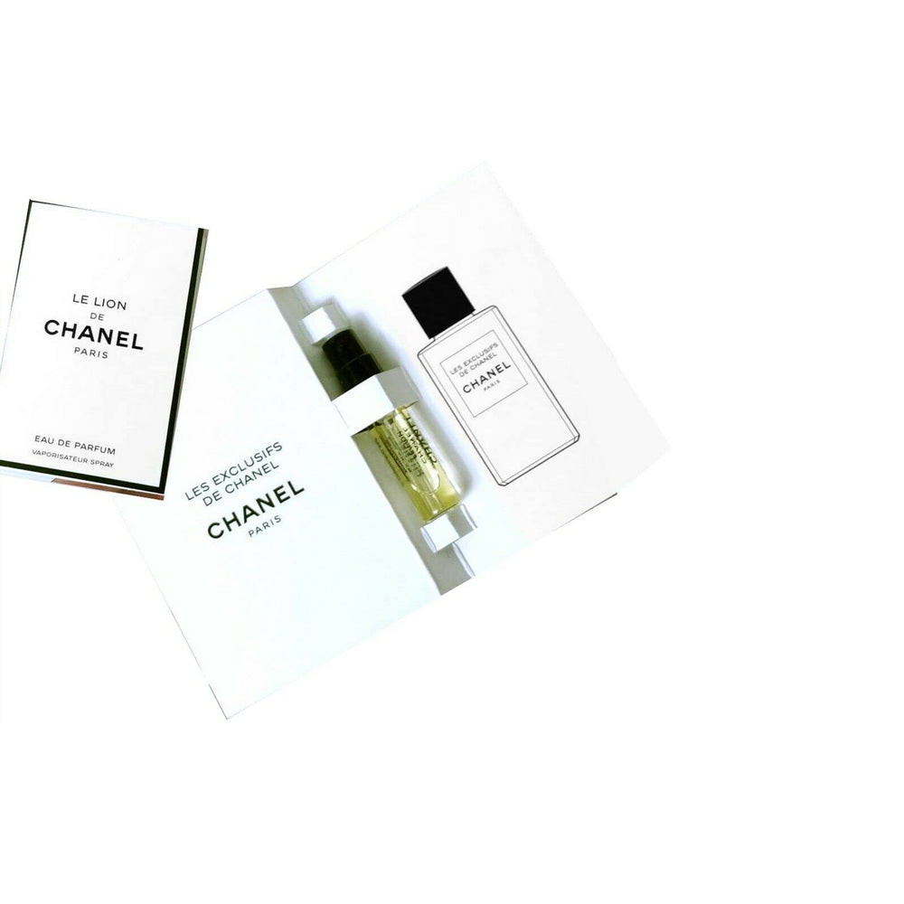CHANEL Le Lion mini vial packaging shows a compact luxury sample.
