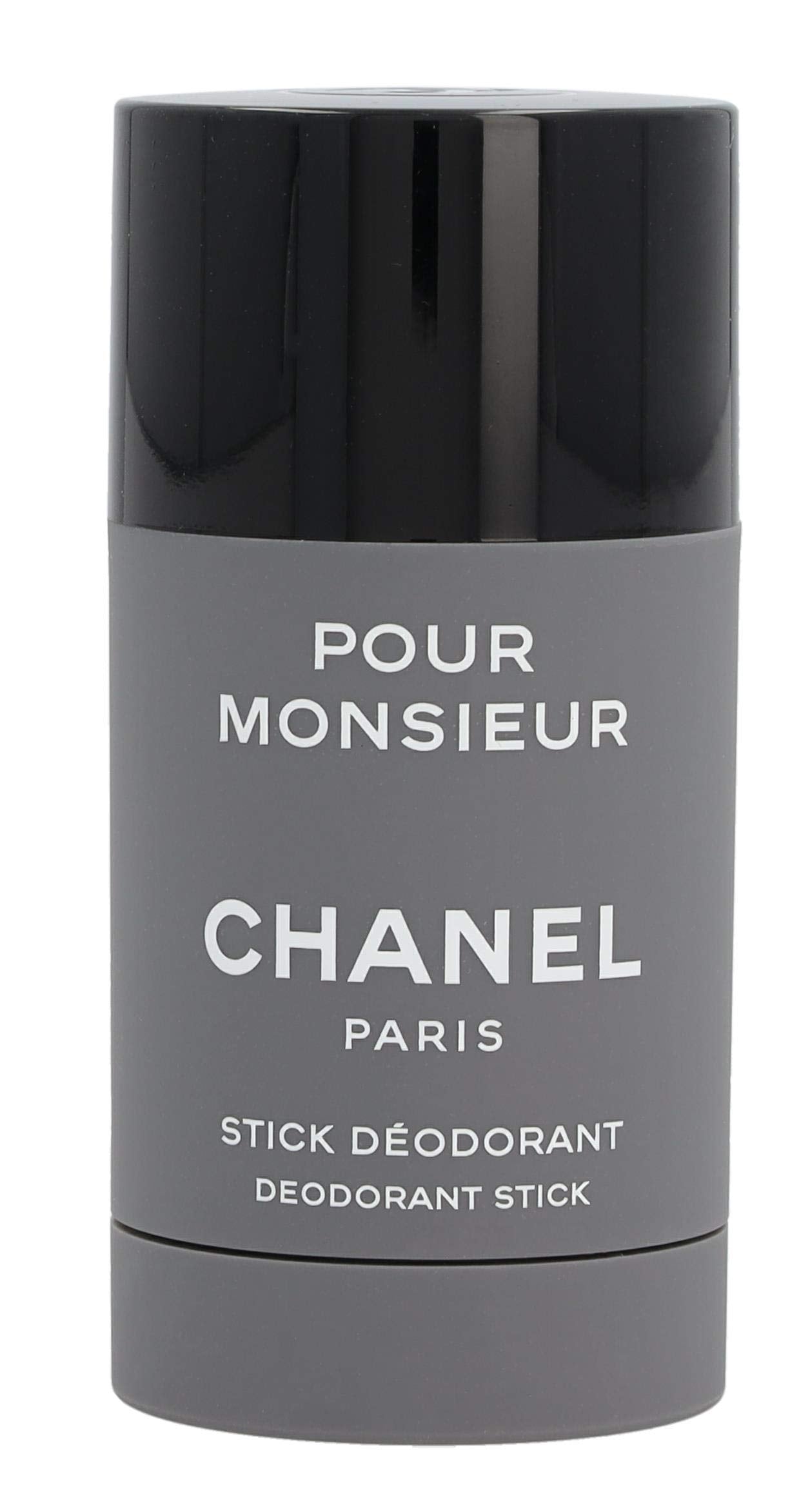 CHANEL Pour Monsieur deodorant stick brand logo close-up highlighting authentic fragrance experience.