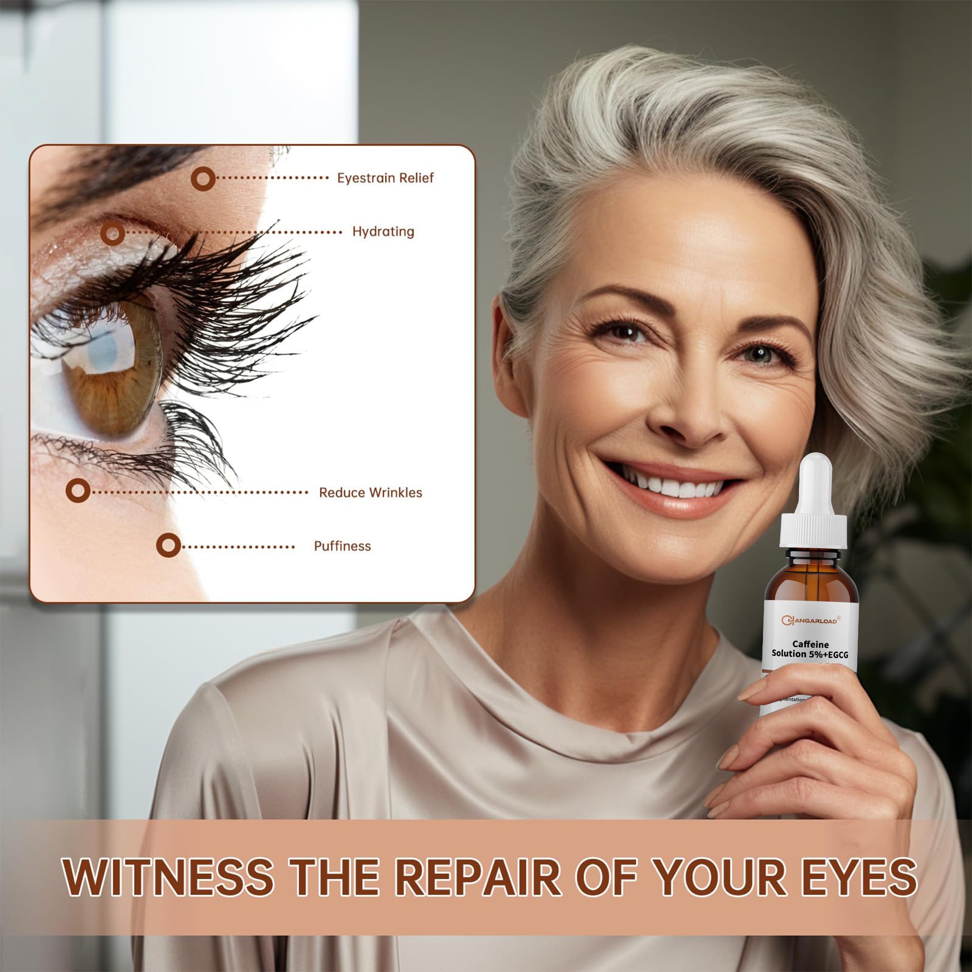 CHANGARLOAD caffeine eye serum application close-up, soothing texture around delicate eye skin.