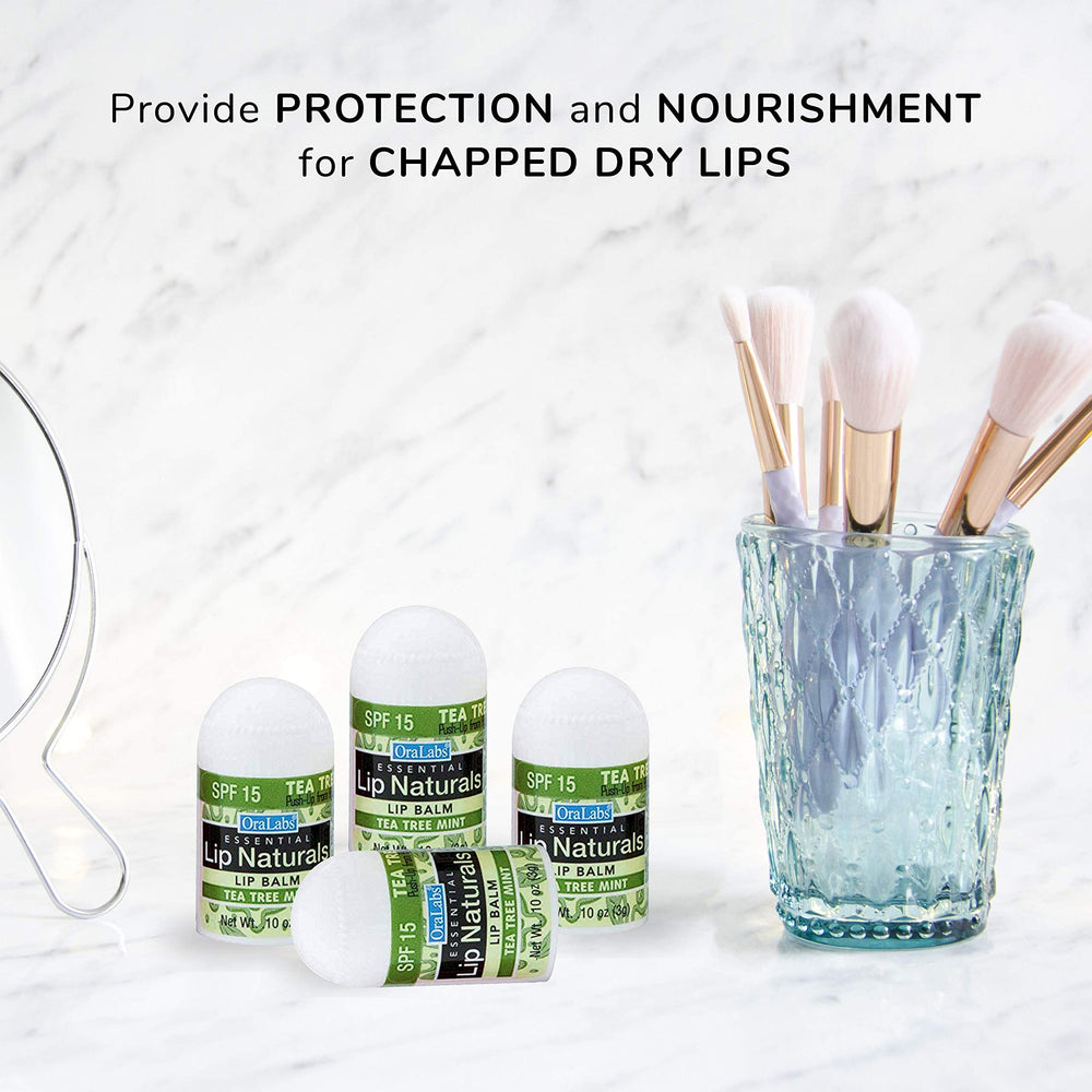 CHAP-ICE Lip Naturals tea tree oil close-up shows soothing formula.