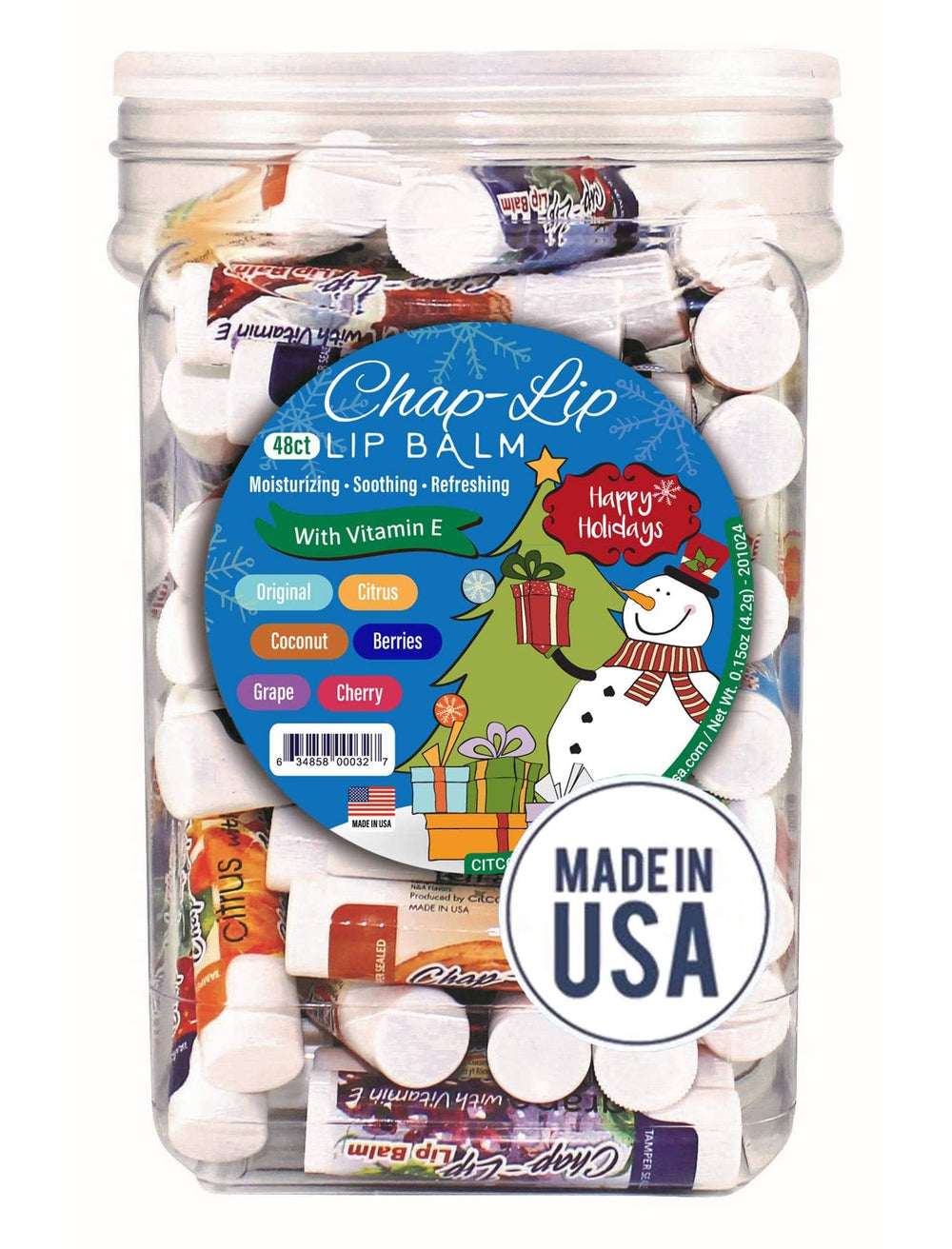 Chap-Lip Holiday Jar Collection showcasing six flavors in festive packaging.
