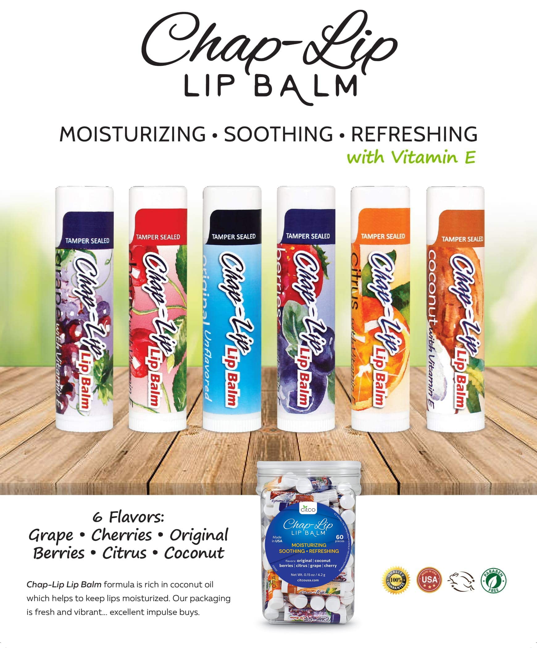 Grape flavor Chap-Lip Lip Balm tube delivering refreshing moisture.