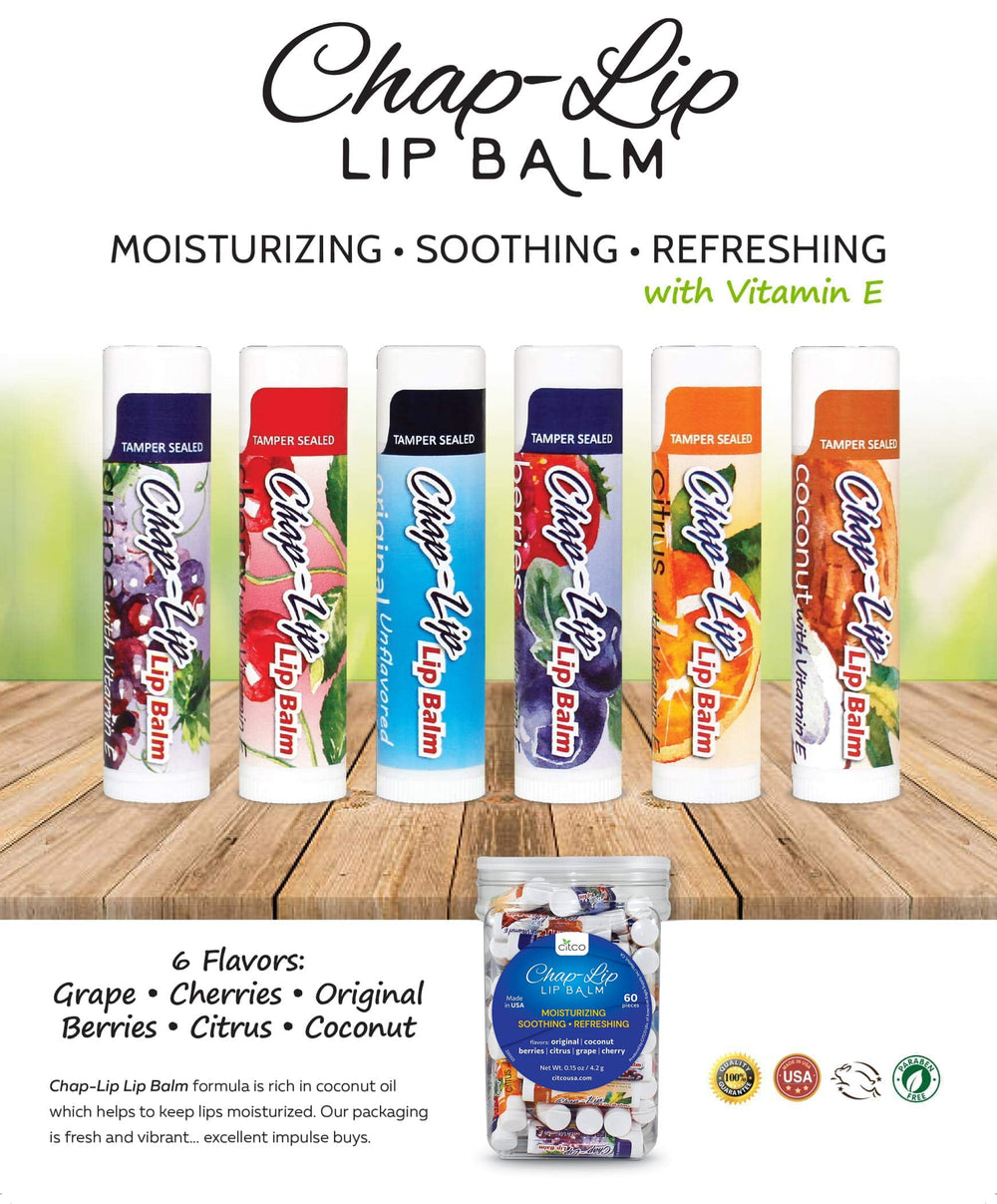 Grape flavor Chap-Lip Lip Balm tube delivering refreshing moisture.