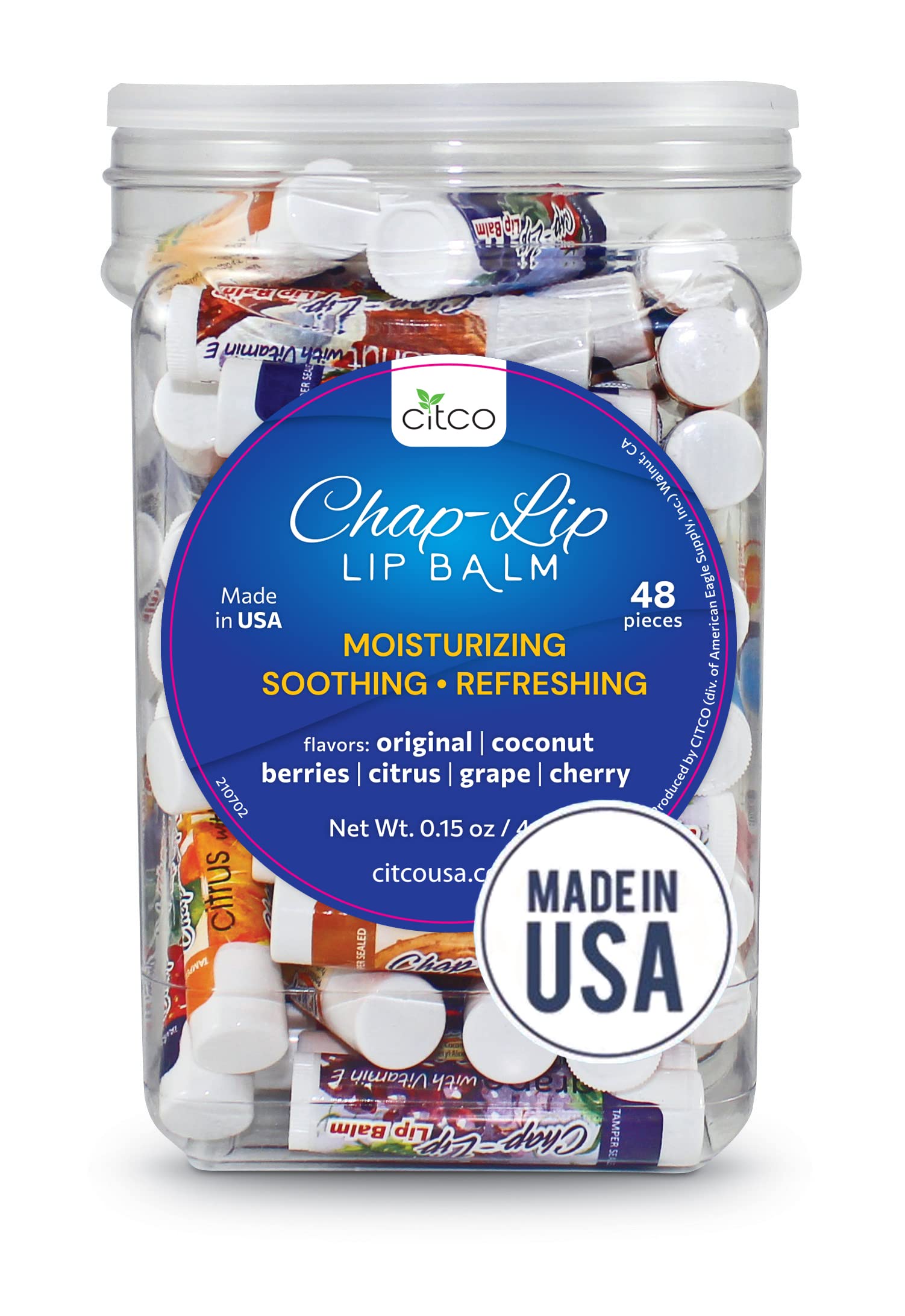 Chap-Lip Vitamin E Lip Balm jar with 48 tubes and flavor variety for hydration.
