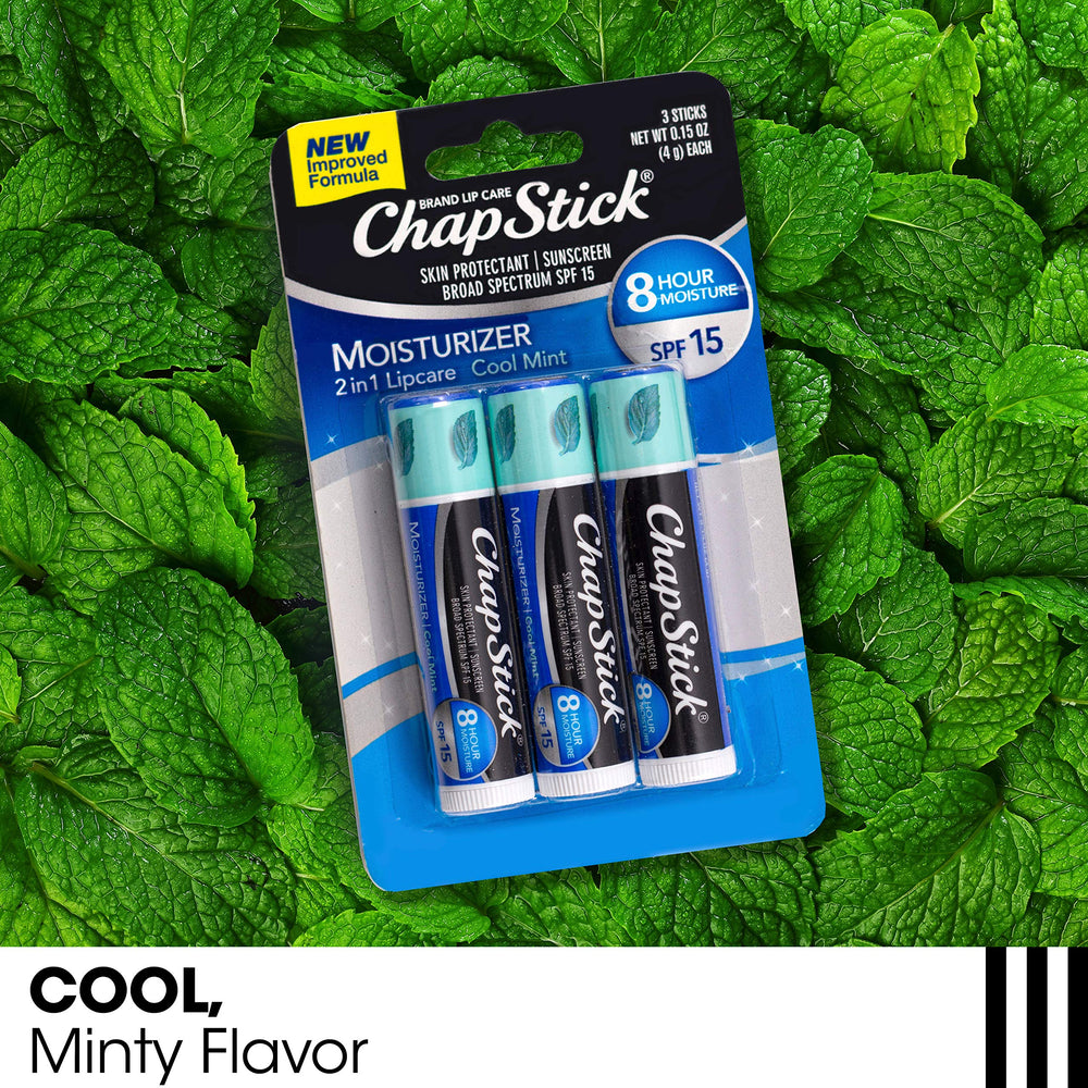 Three-pack ChapStick display for convenient lip care on the go.