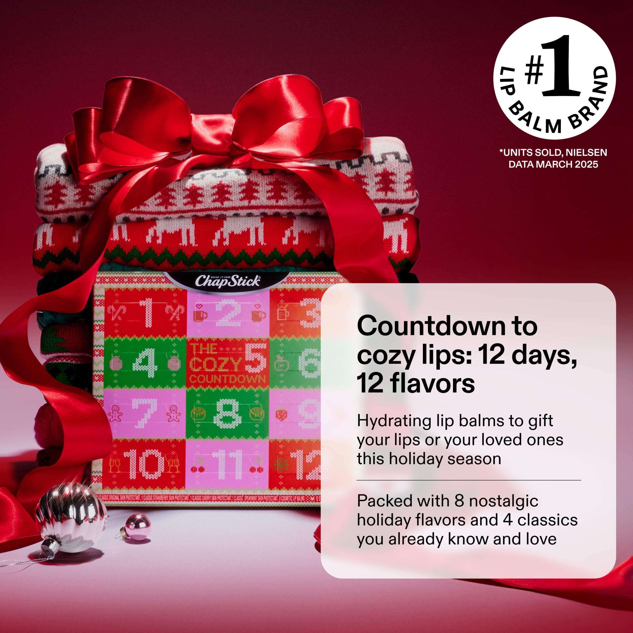 ChapStick Advent Calendar 2025 flavor preview showing holiday balms for soft lips.