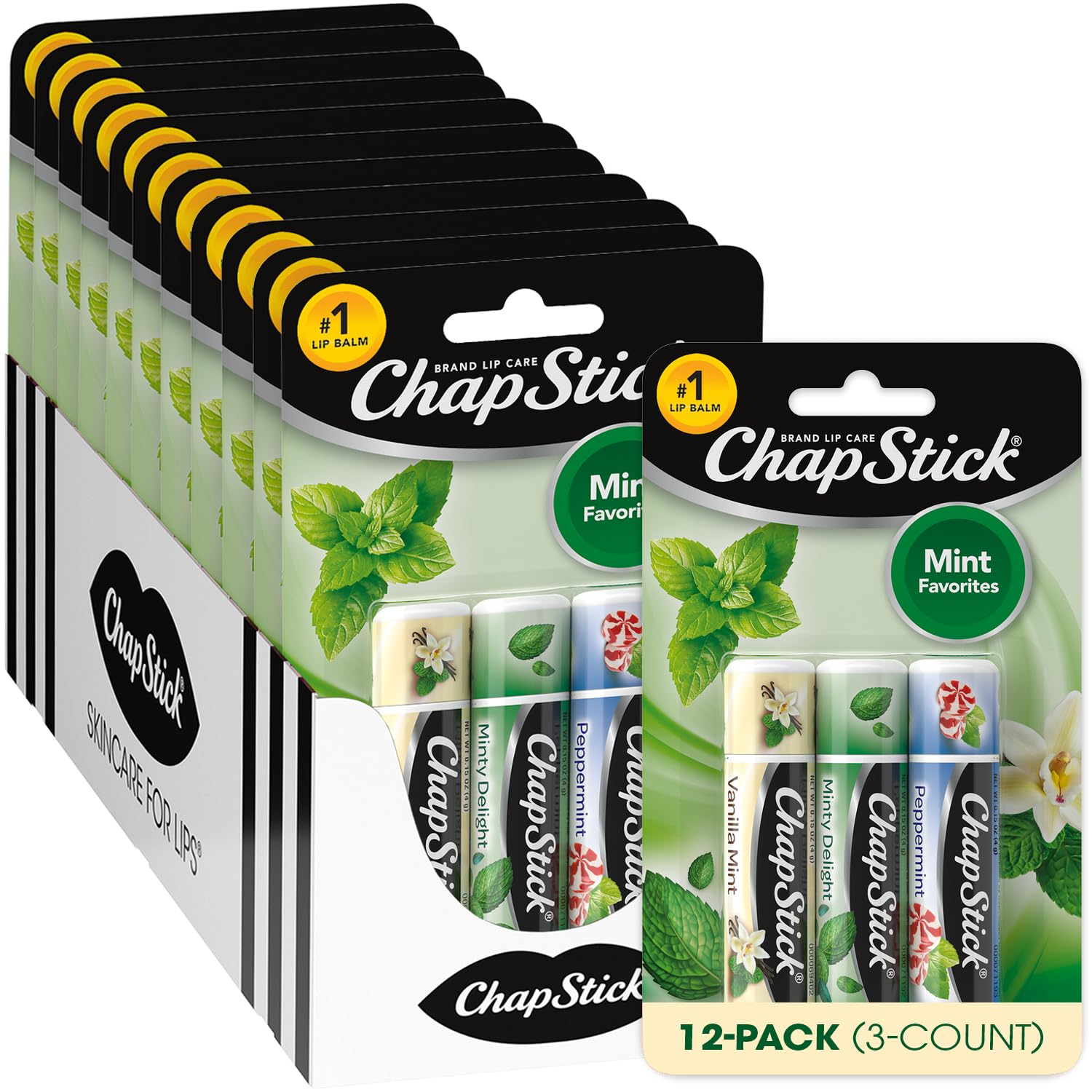 ChapStick Mint Favorites bulk lip balm set front view, portable moisture on the go.
