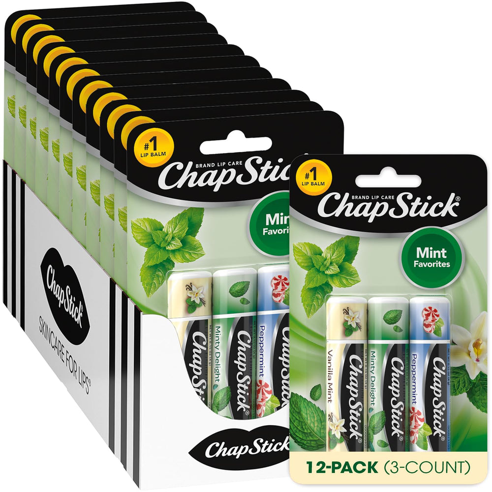 ChapStick Mint Favorites bulk lip balm set front view, portable moisture on the go.