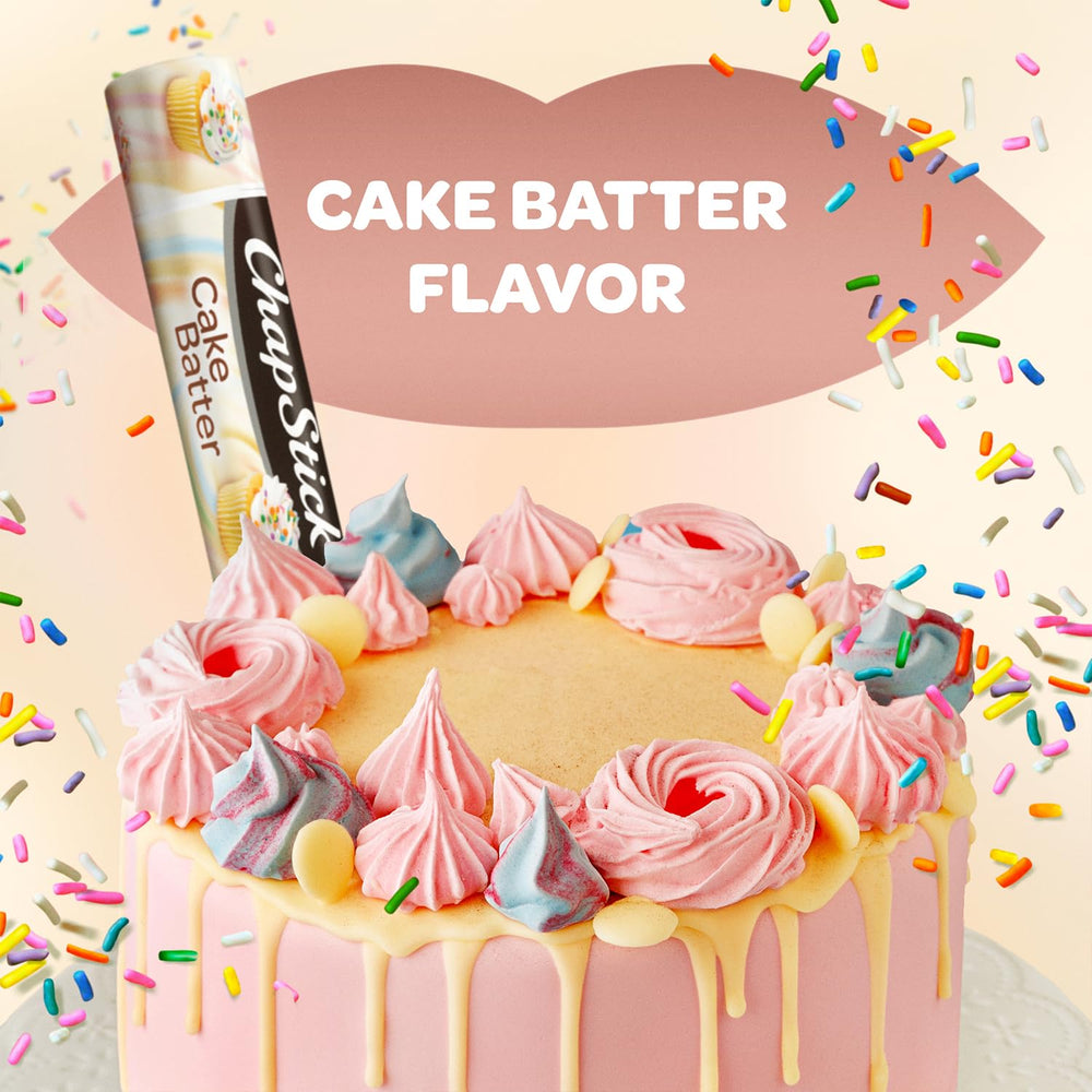 ChapStick Cake Batter label close-up highlighting flavor and ingredients.