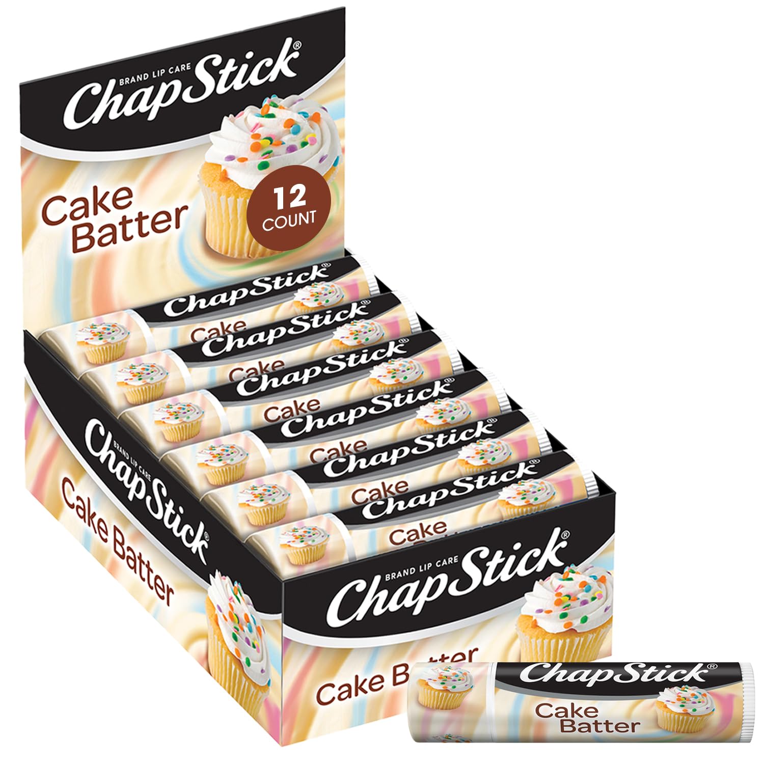 ChapStick Cake Batter tube front view for daily moisture and sweet flavor.