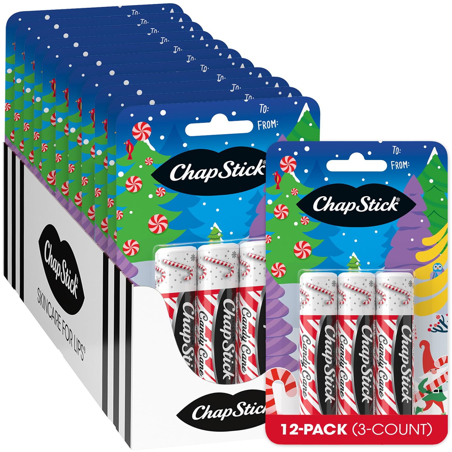 ChapStick Candy Cane lip balm tube delivers minty moisture on lips.