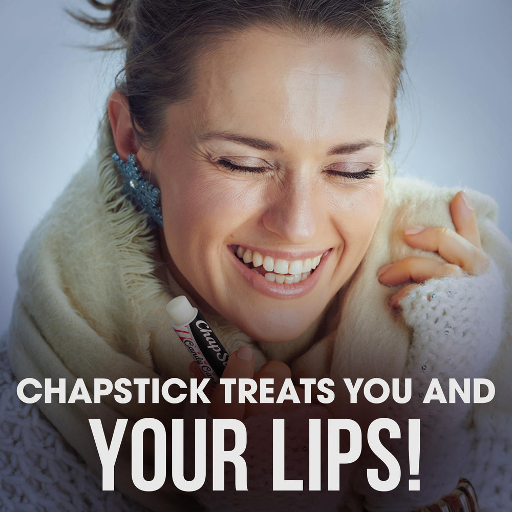 Close-up of Candy Cane scent on ChapStick balm for quick refresh.