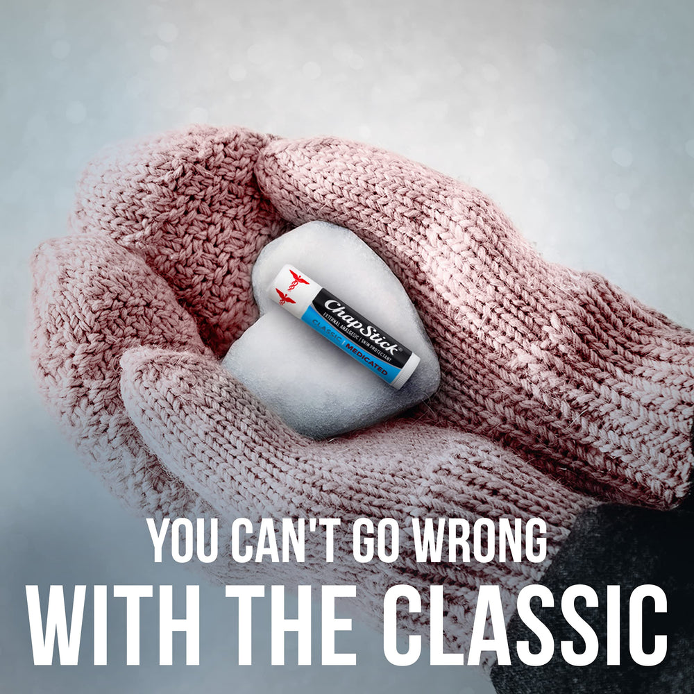 ChapStick Classic Medicated lip balm being applied to lips for cooling relief.