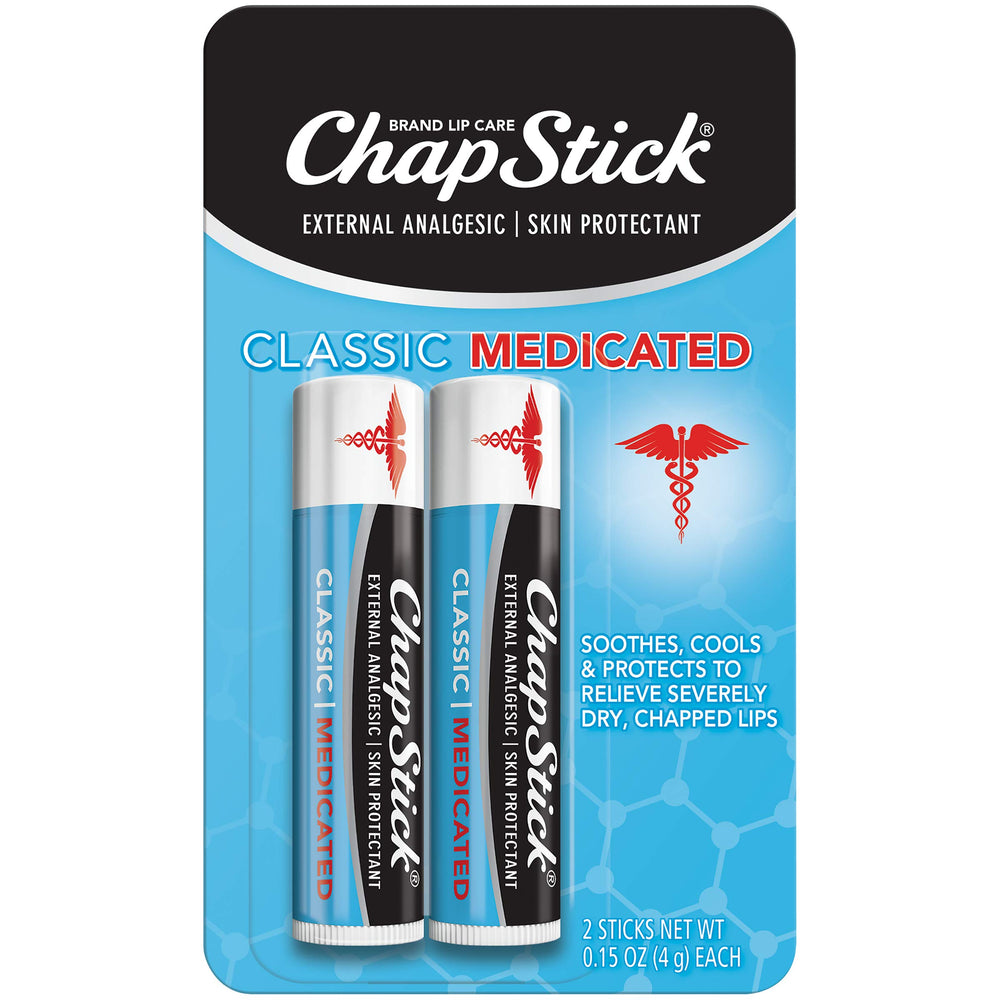 ChapStick Classic Medicated lip balm tube front view for soothing severely chapped lips.