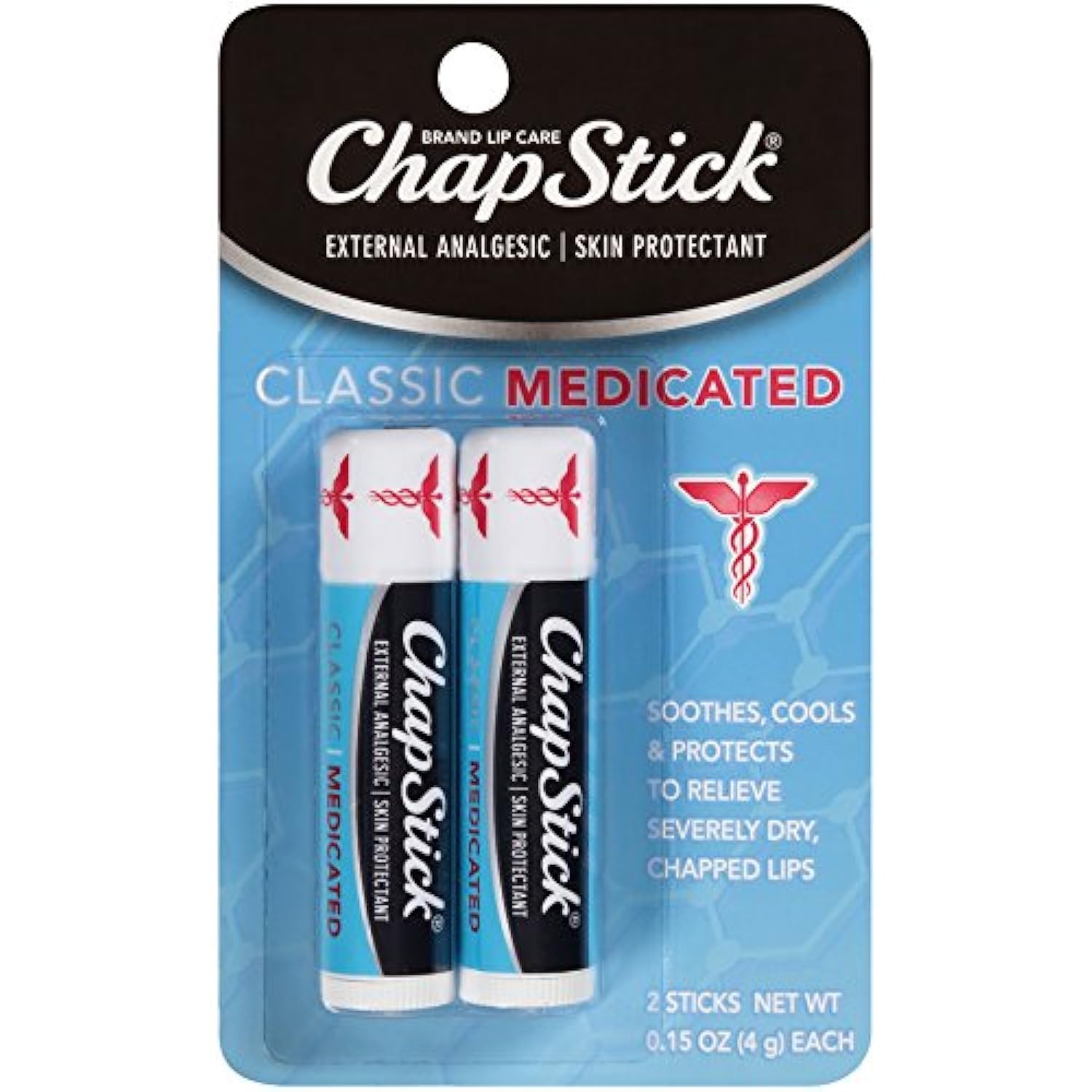 ChapStick Classic Medicated lip balm tube showing soothing application for lips