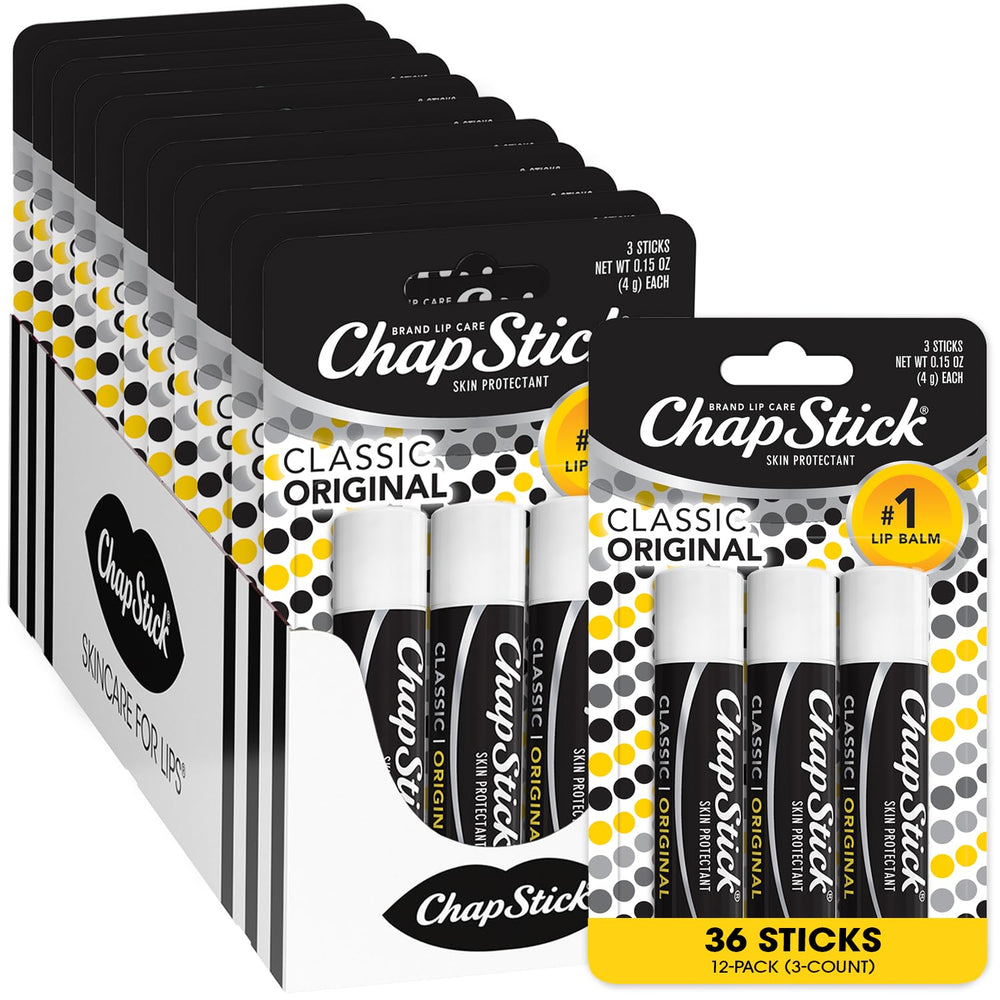 ChapStick Classic Original lip balm tubes in a 3-pack for daily moisture.